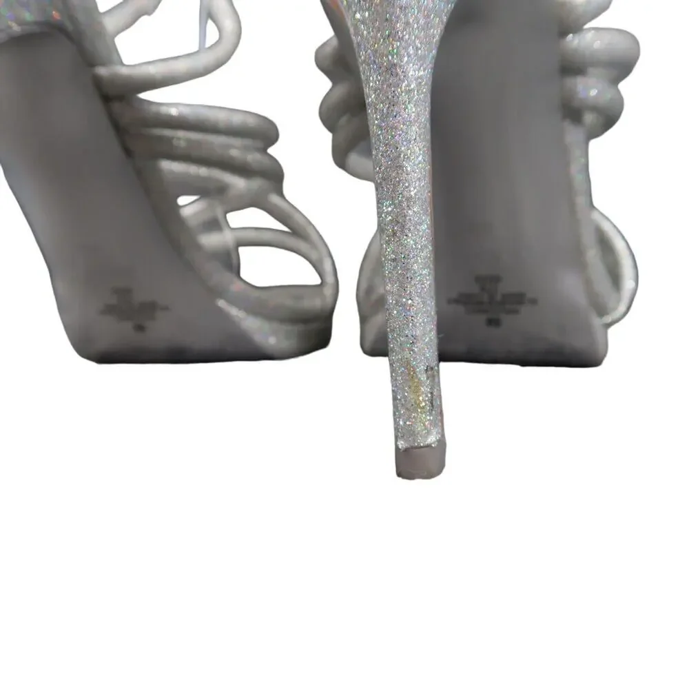 Nine West Shoes Womens 8 Heeled Sandal Ankle Strap Pumps Platform Silver Glitter